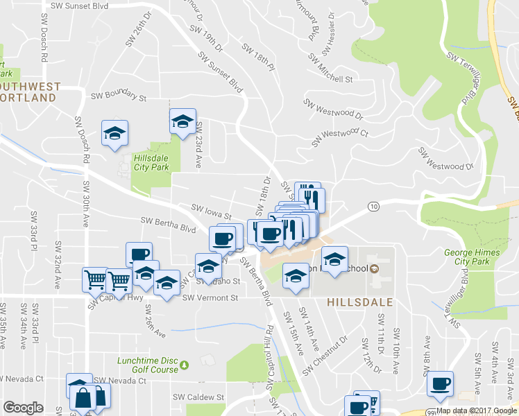 map of restaurants, bars, coffee shops, grocery stores, and more near 5999 Southwest 18th Drive in Portland