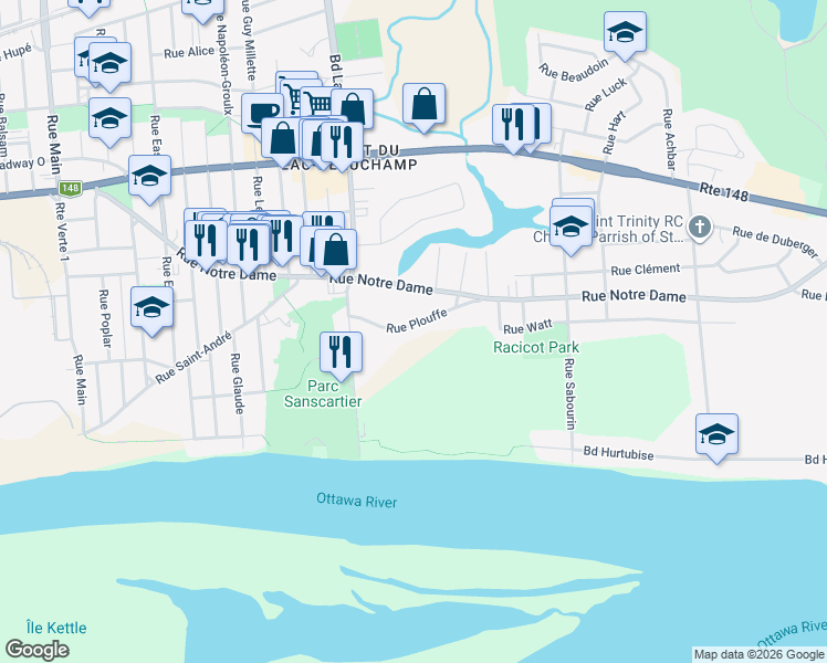 map of restaurants, bars, coffee shops, grocery stores, and more near 444 Rue Plouffe in Gatineau
