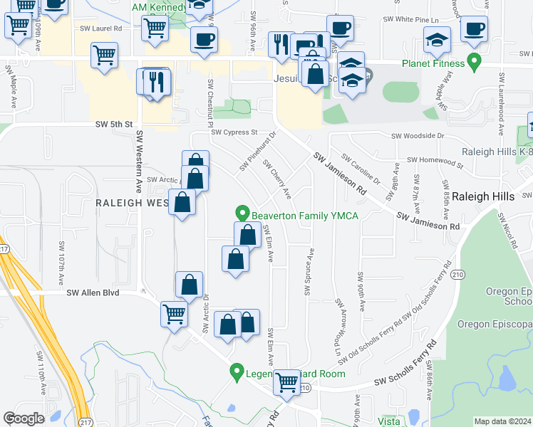 map of restaurants, bars, coffee shops, grocery stores, and more near 5520 Southwest Elm Avenue in Beaverton