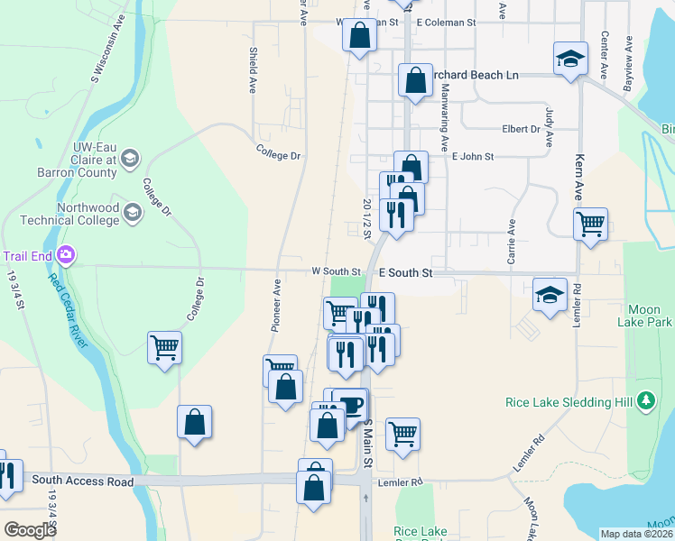 map of restaurants, bars, coffee shops, grocery stores, and more near 83 West South Street in Rice Lake