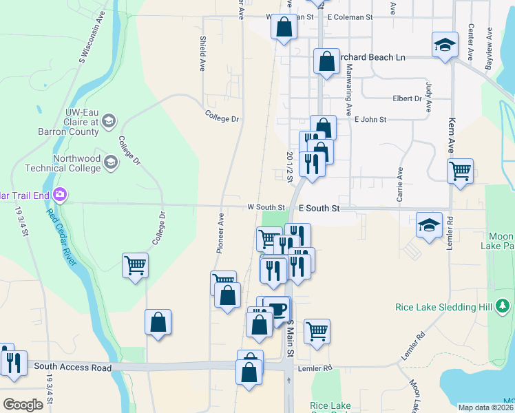 map of restaurants, bars, coffee shops, grocery stores, and more near 83-99 W South St in Rice Lake