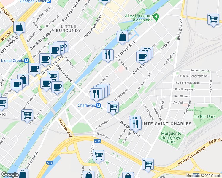 map of restaurants, bars, coffee shops, grocery stores, and more near 1218 Rue Ropery in Montréal