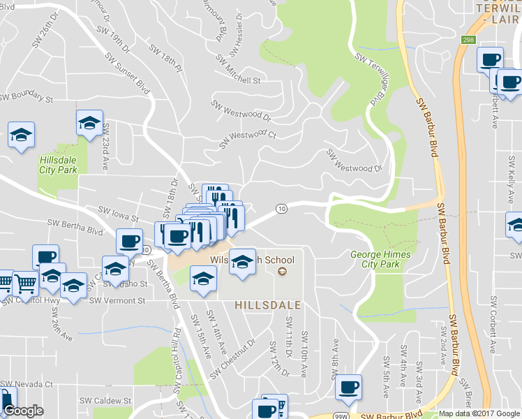 map of restaurants, bars, coffee shops, grocery stores, and more near 6171 Southwest Capitol Highway in Portland
