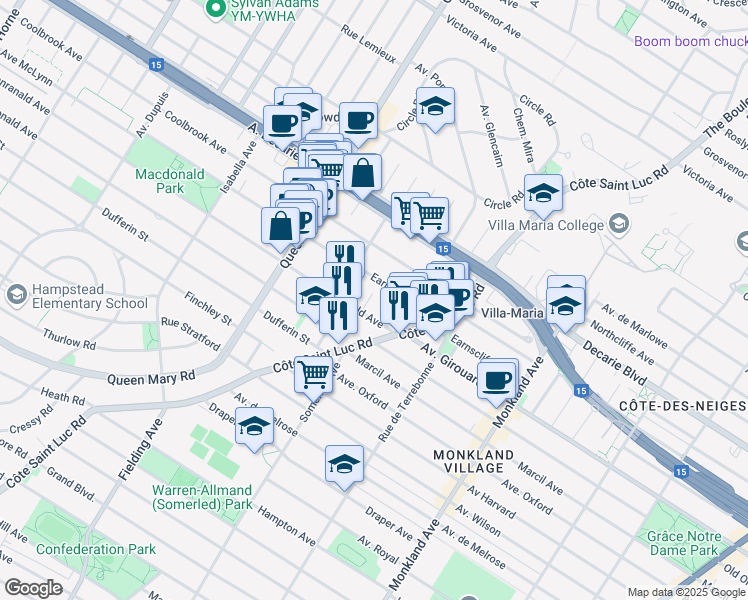 map of restaurants, bars, coffee shops, grocery stores, and more near 5410 Avonmore Avenue in Montreal