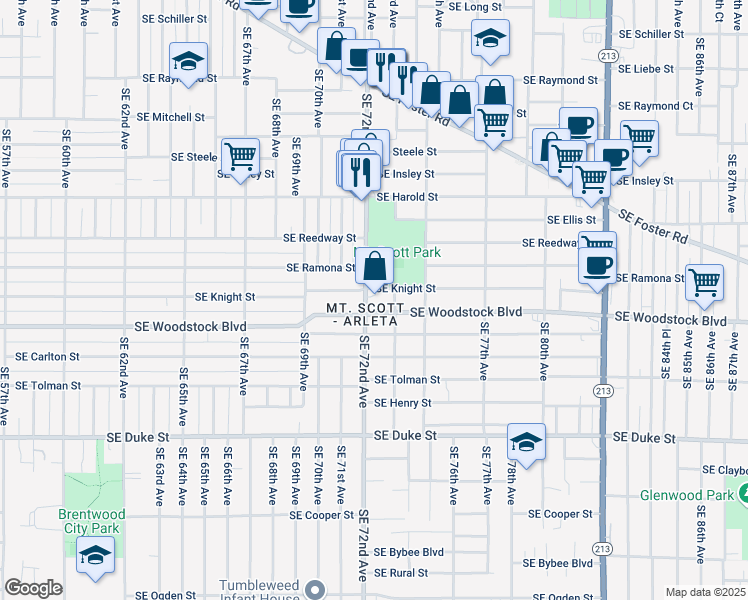 map of restaurants, bars, coffee shops, grocery stores, and more near 7211 Southeast Woodstock Interchge in Portland
