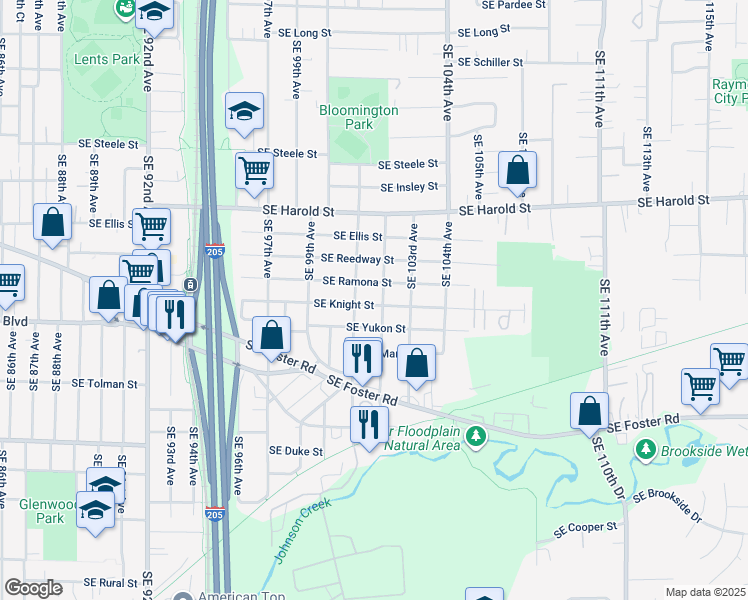 map of restaurants, bars, coffee shops, grocery stores, and more near 10133 Southeast Knight Street in Portland