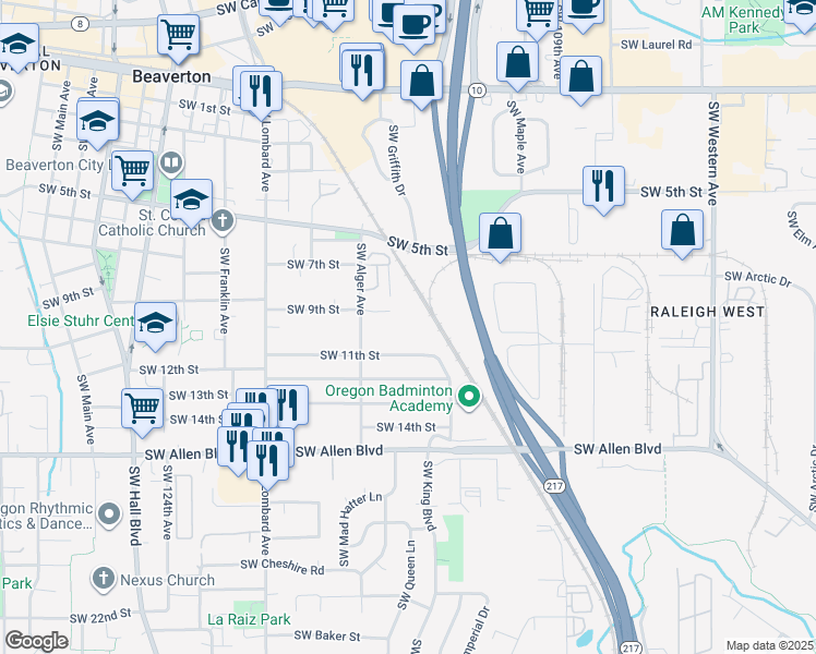 map of restaurants, bars, coffee shops, grocery stores, and more near 5482 Southwest Alger Avenue in Beaverton