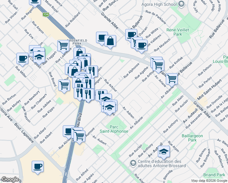 map of restaurants, bars, coffee shops, grocery stores, and more near 2200 Rue Arbour in Brossard