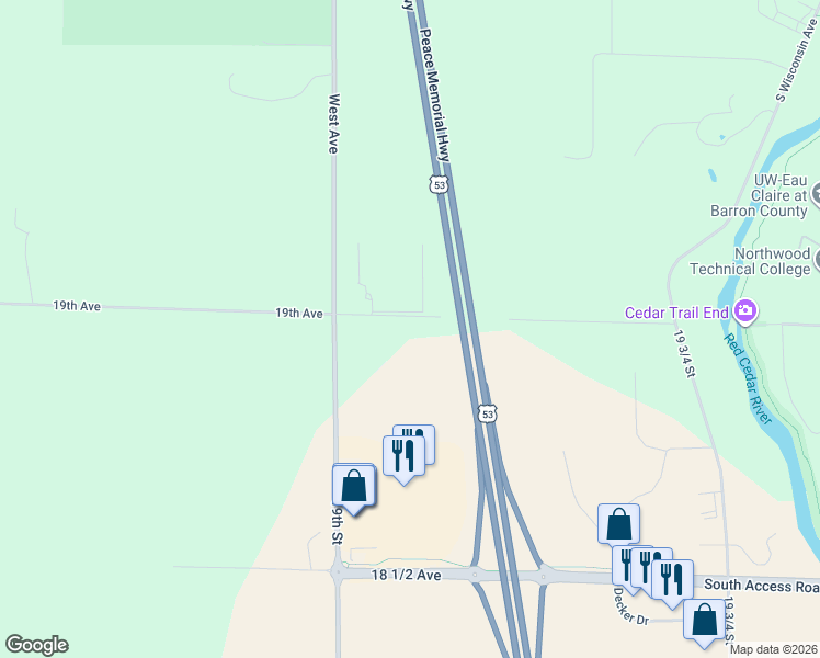 map of restaurants, bars, coffee shops, grocery stores, and more near 1915 19th Avenue in Rice Lake