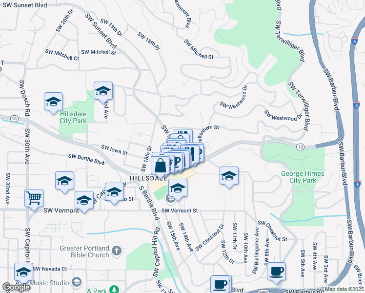 map of restaurants, bars, coffee shops, grocery stores, and more near 1525 Southwest Dewitt Street in Portland
