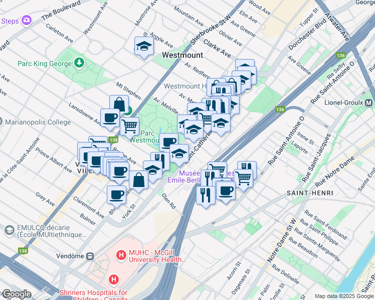 map of restaurants, bars, coffee shops, grocery stores, and more near 6 Park Place in Westmount