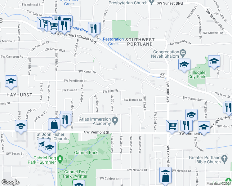 map of restaurants, bars, coffee shops, grocery stores, and more near 6116 Southwest 37th Avenue in Portland