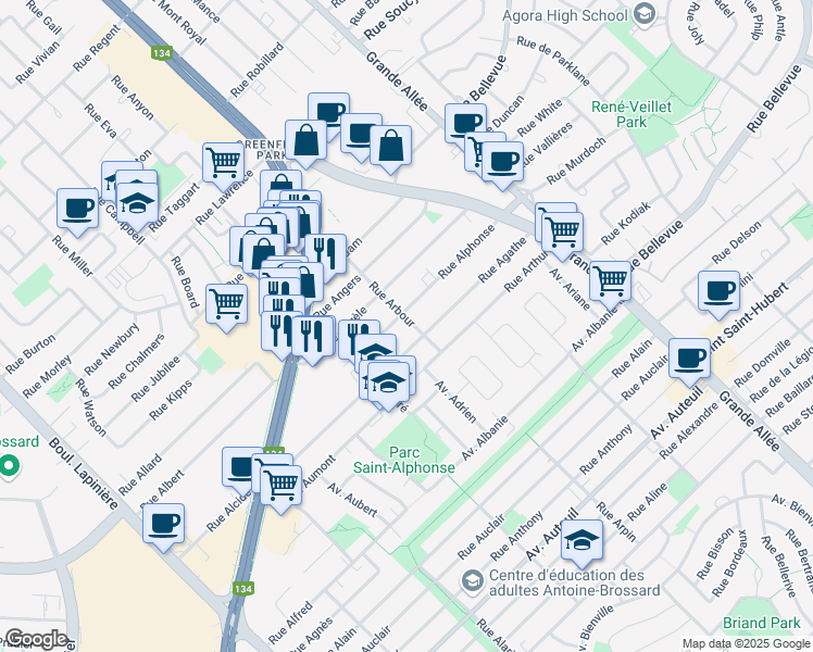 map of restaurants, bars, coffee shops, grocery stores, and more near 2200 Rue Arbour in Brossard