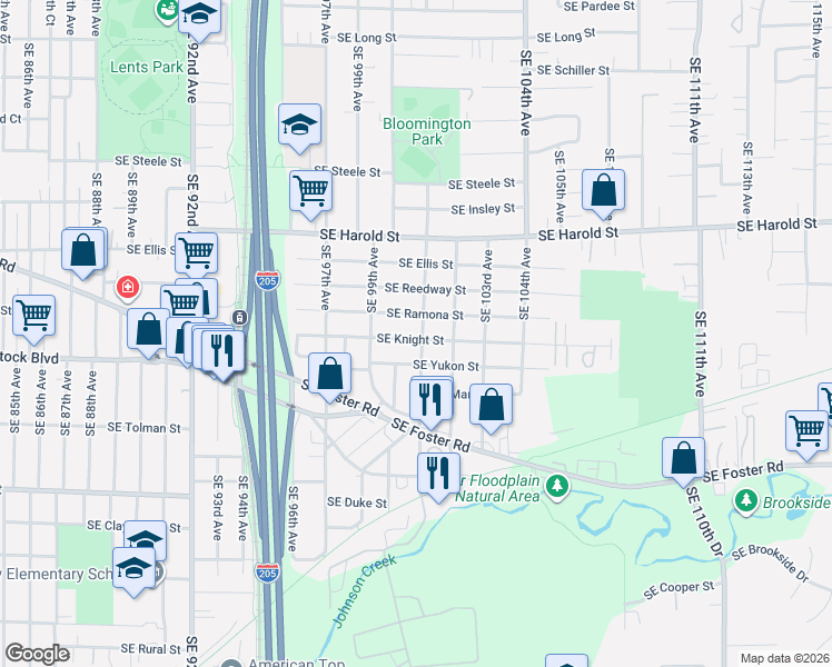map of restaurants, bars, coffee shops, grocery stores, and more near 10003 Southeast Knight Street in Portland