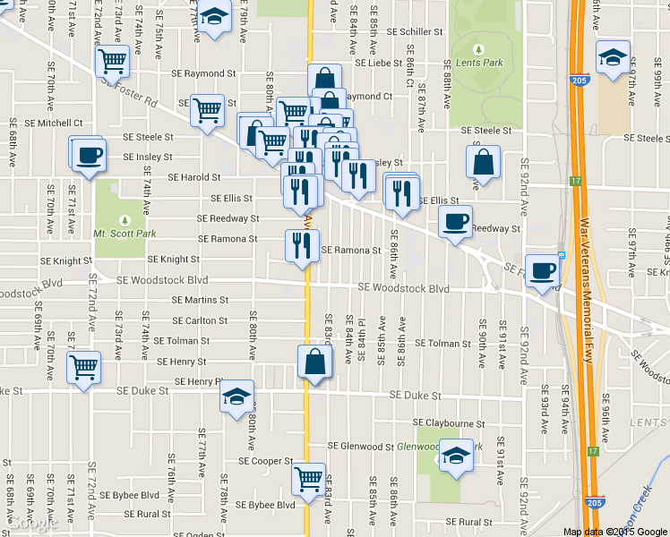 map of restaurants, bars, coffee shops, grocery stores, and more near 5837 Southeast 84th Avenue in Portland