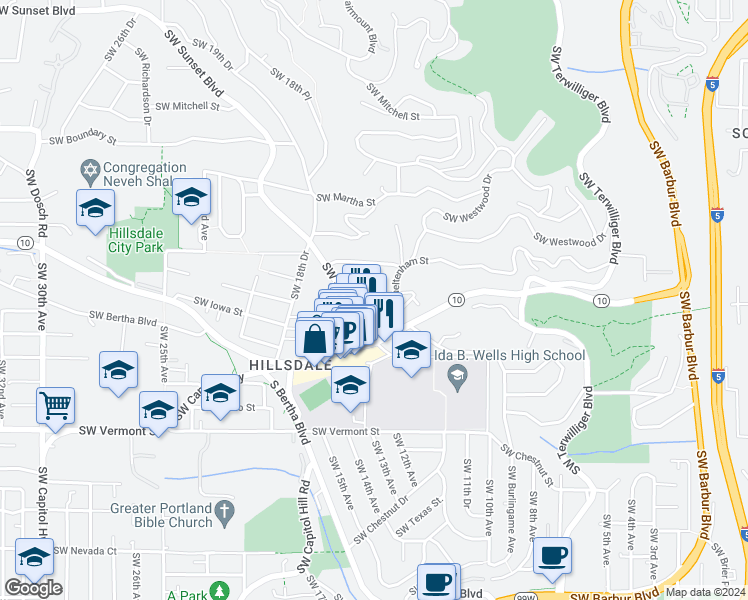 map of restaurants, bars, coffee shops, grocery stores, and more near 1525 Southwest Dewitt Street in Portland