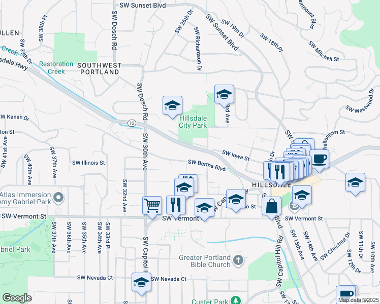 map of restaurants, bars, coffee shops, grocery stores, and more near 2636 Southwest Beaverton Hillsdale Highway in Portland