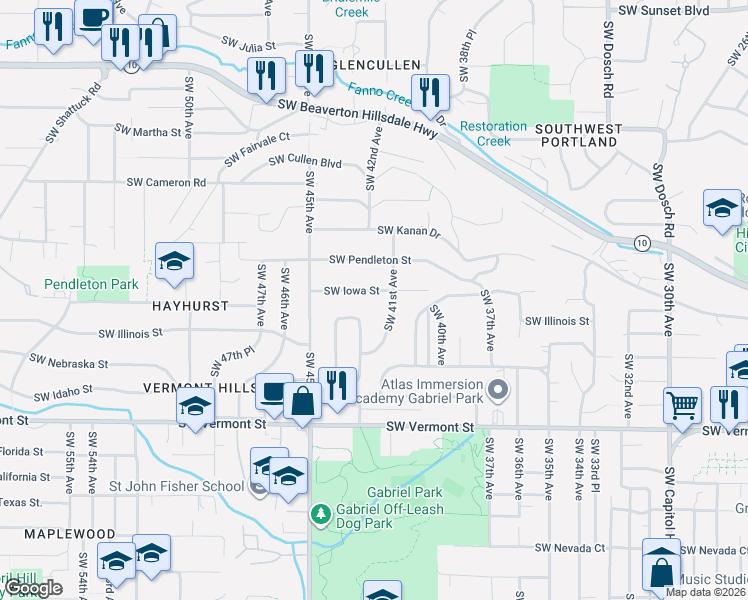map of restaurants, bars, coffee shops, grocery stores, and more near 4240 Southwest Iowa Street in Portland