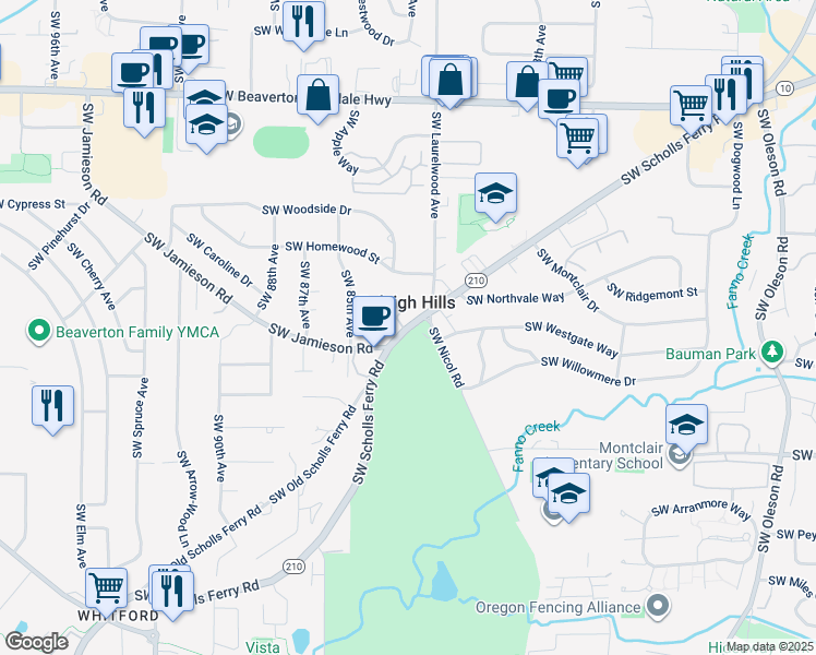 map of restaurants, bars, coffee shops, grocery stores, and more near in Raleigh Hills