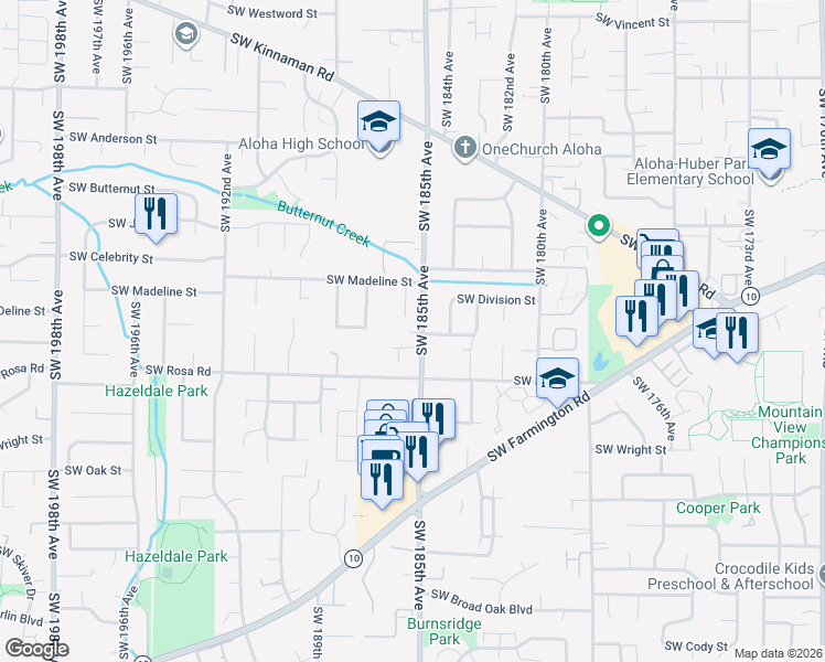 map of restaurants, bars, coffee shops, grocery stores, and more near 5509 Southwest 185th Avenue in Aloha