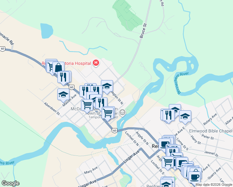 map of restaurants, bars, coffee shops, grocery stores, and more near in Renfrew