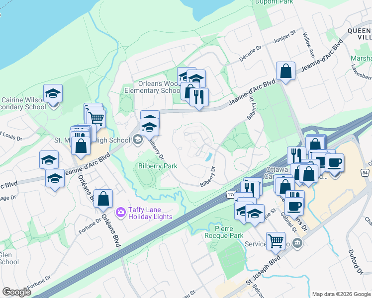 map of restaurants, bars, coffee shops, grocery stores, and more near 38 Rocky Ridge Court in Ottawa