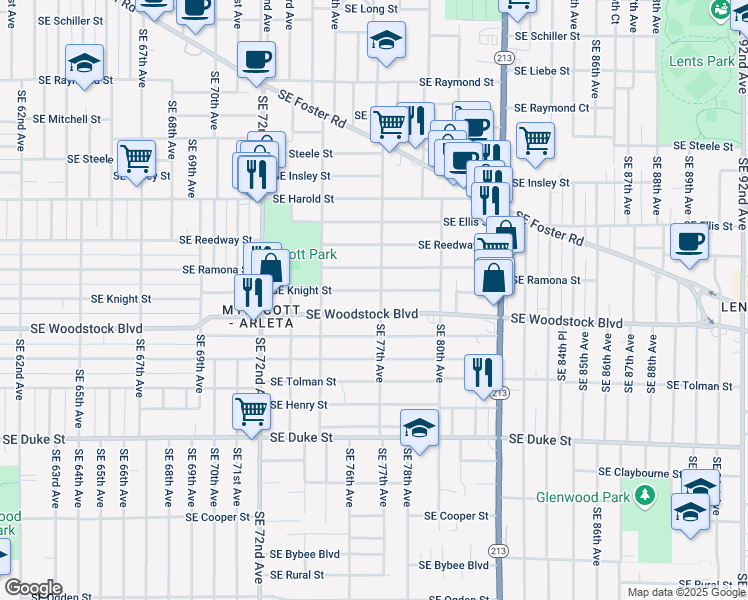 map of restaurants, bars, coffee shops, grocery stores, and more near 5915 Southeast 77th Avenue in Portland