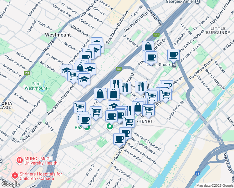 map of restaurants, bars, coffee shops, grocery stores, and more near 3961 Rue Saint-Antoine Ouest in Montréal