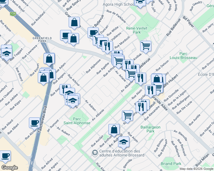 map of restaurants, bars, coffee shops, grocery stores, and more near 2670 Croissant Allen in Brossard
