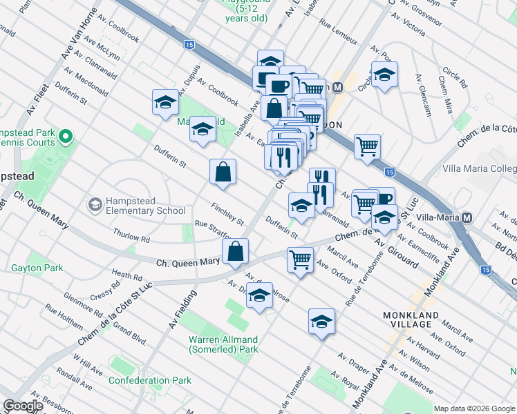 map of restaurants, bars, coffee shops, grocery stores, and more near 5557 Chemin Queen Mary in Hampstead