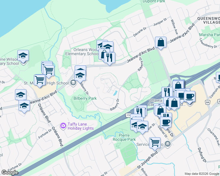 map of restaurants, bars, coffee shops, grocery stores, and more near Montblanc Private in Ottawa