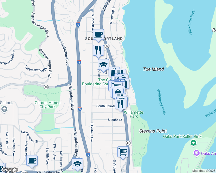 map of restaurants, bars, coffee shops, grocery stores, and more near 6038 South Hood Avenue in Portland