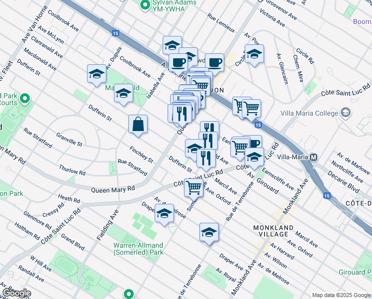 map of restaurants, bars, coffee shops, grocery stores, and more near 5025 Avenue Macdonald in Montréal