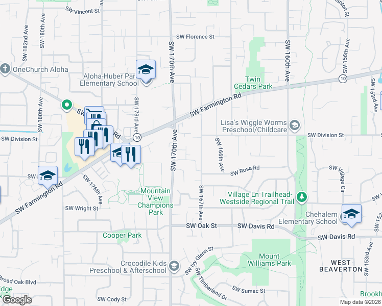 map of restaurants, bars, coffee shops, grocery stores, and more near 5518 Southwest Norris Terrace in Beaverton