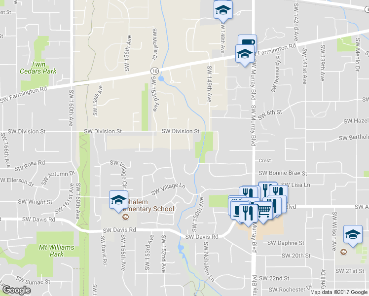 map of restaurants, bars, coffee shops, grocery stores, and more near 5505 Southwest 150th Court in Beaverton