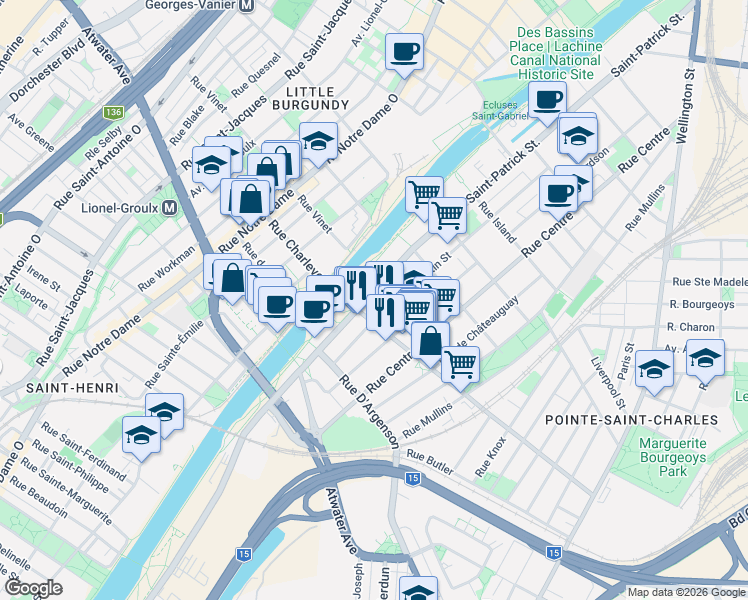 map of restaurants, bars, coffee shops, grocery stores, and more near 2566 Rue Saint-Patrick in Montréal