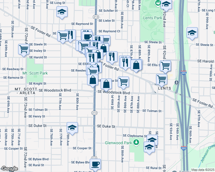 map of restaurants, bars, coffee shops, grocery stores, and more near 5837 Southeast 84th Avenue in Portland
