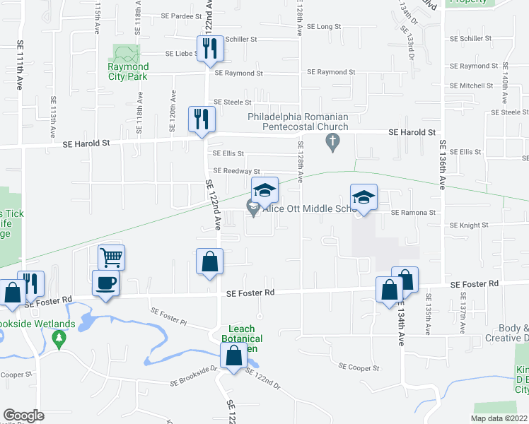 map of restaurants, bars, coffee shops, grocery stores, and more near 12560 Southeast Ramona Street in Portland