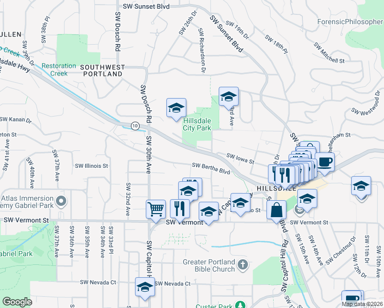 map of restaurants, bars, coffee shops, grocery stores, and more near 2626 Southwest Beaverton-Hillsdale Highway in Portland