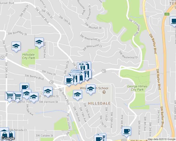 map of restaurants, bars, coffee shops, grocery stores, and more near 1235 Southwest Cheltenham Street in Portland