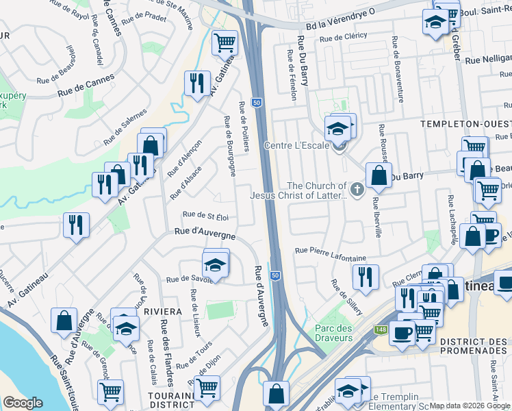 map of restaurants, bars, coffee shops, grocery stores, and more near 24 Rue d'Angers in Gatineau