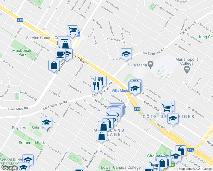 map of restaurants, bars, coffee shops, grocery stores, and more near 5341 Chemin de la Côte Saint Luc in Montréal
