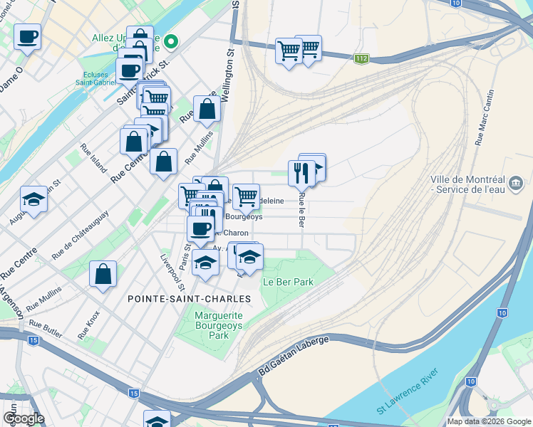 map of restaurants, bars, coffee shops, grocery stores, and more near 467 Rue Bourgeoys in Montréal