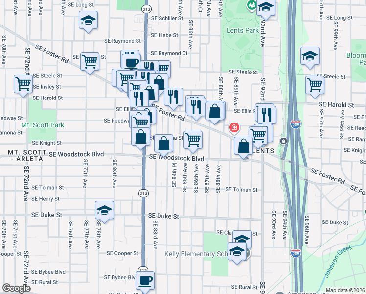 map of restaurants, bars, coffee shops, grocery stores, and more near 5840 Southeast 85th Avenue in Portland