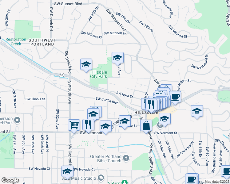 map of restaurants, bars, coffee shops, grocery stores, and more near 2325 Southwest Iowa Street in Portland