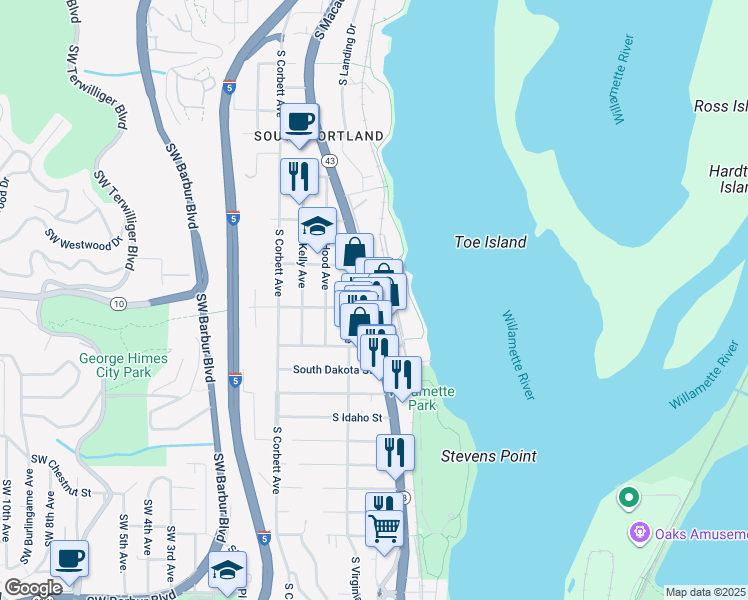 map of restaurants, bars, coffee shops, grocery stores, and more near 6050 Oregon 43 in Portland