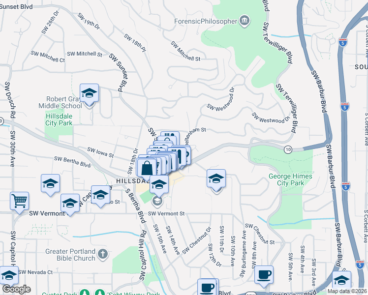 map of restaurants, bars, coffee shops, grocery stores, and more near 1264 Southwest Cheltenham Street in Portland