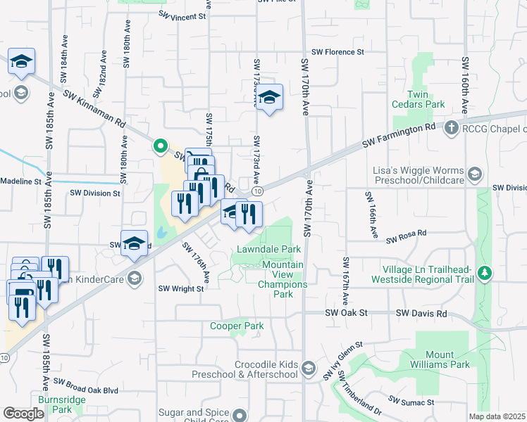 map of restaurants, bars, coffee shops, grocery stores, and more near 17260 Southwest Division Street in Aloha