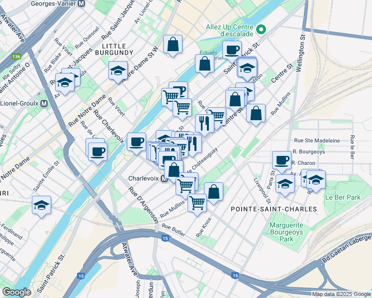map of restaurants, bars, coffee shops, grocery stores, and more near 1218 Rue Ropery in Montreal