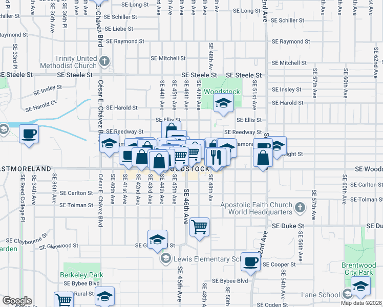 map of restaurants, bars, coffee shops, grocery stores, and more near 4609 Southeast Knight Street in Portland